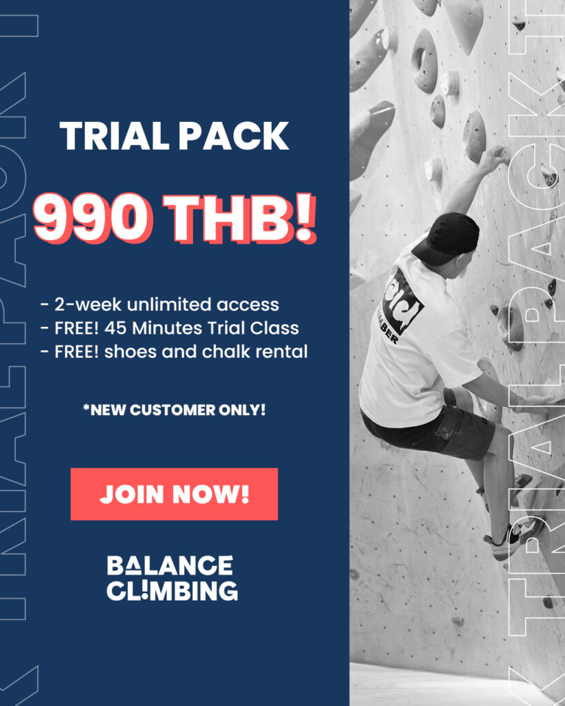 BalanceClimbing offers trial package for new climbers with 2-week unlimited climbing experience with free climbing shoes rental and class